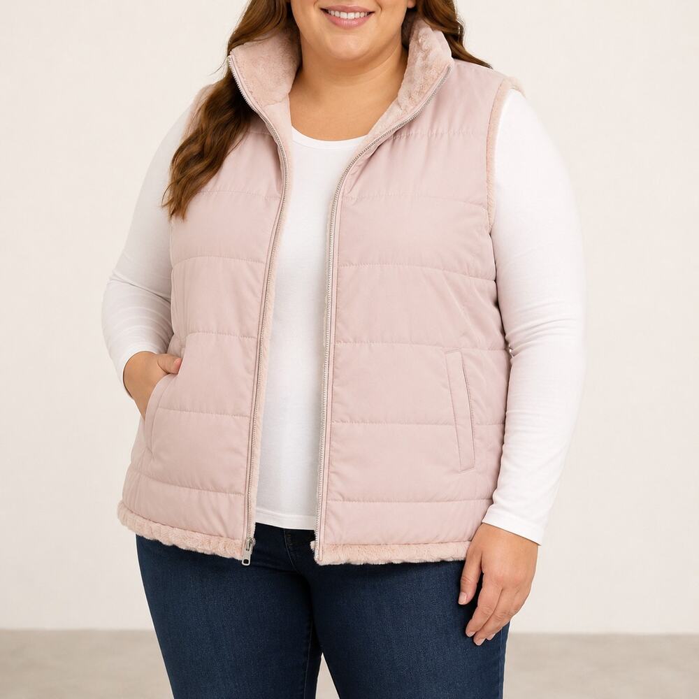 Time & Tru Women's Reversible Puffer/Faux Fur Vest Light Mauve Size 1X